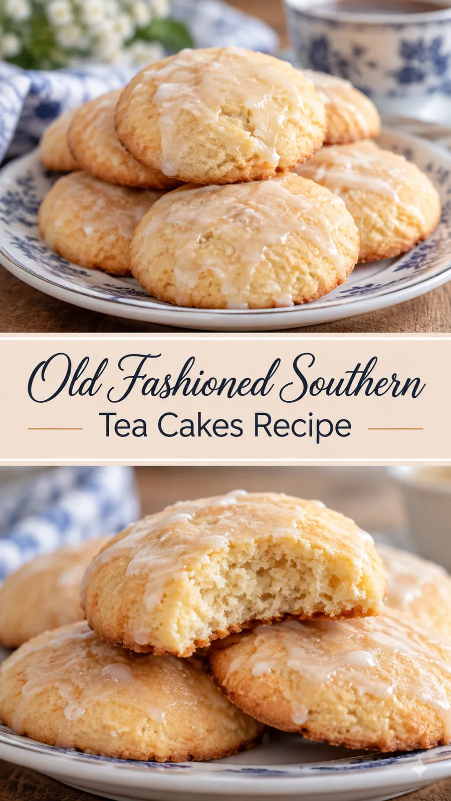 Pinterest image for Old Fashioned Southern Tea Cakes Recipe, with two photos of the recipe