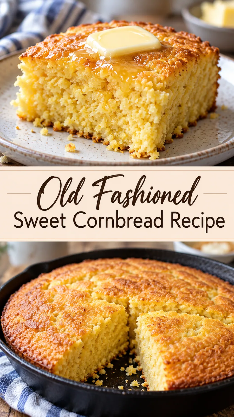 Pinterest image for Old Fashioned Sweet Cornbread Recipe, with two photos of the recipe