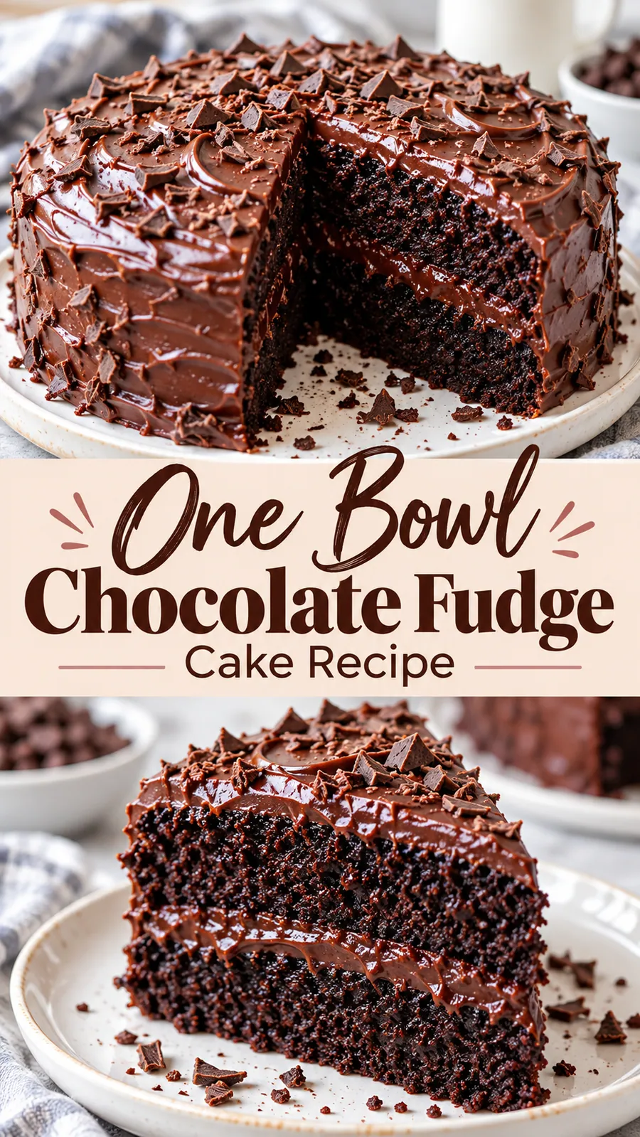 Pinterest image for One Bowl Chocolate Fudge Cake Recipe, with two photos of the recipe
