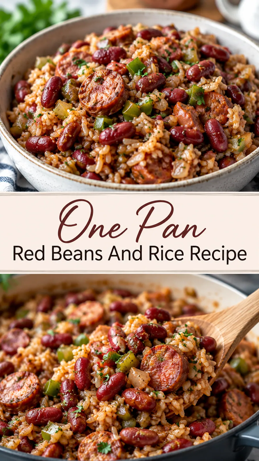 Pinterest image for One Pan Red Beans And Rice Recipe, with two photos of the recipe