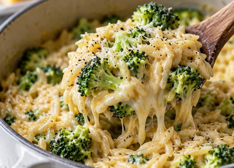 One Pot Broccoli Cheese Orzo, ready to serve