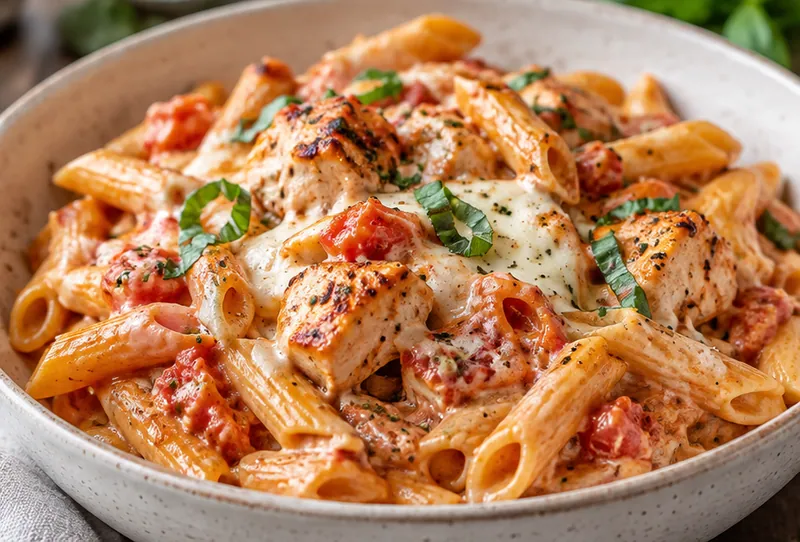 One Pot Chicken Mozzarella Pasta, ready to serve