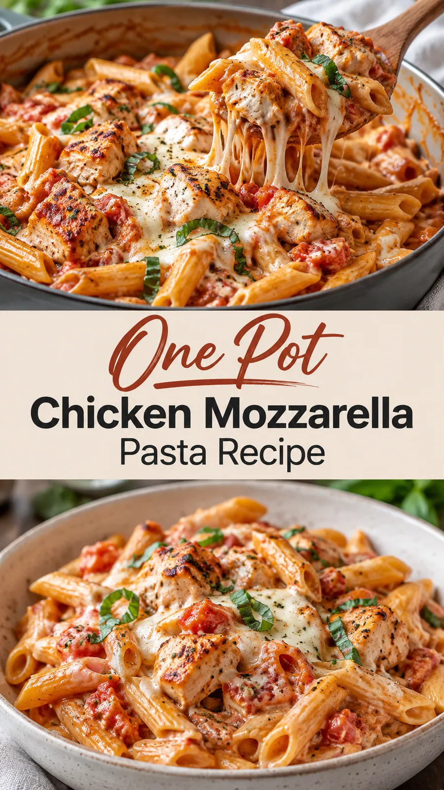 Pinterest image for One Pot Chicken Mozzarella Pasta Recipe, with two photos of the recipe