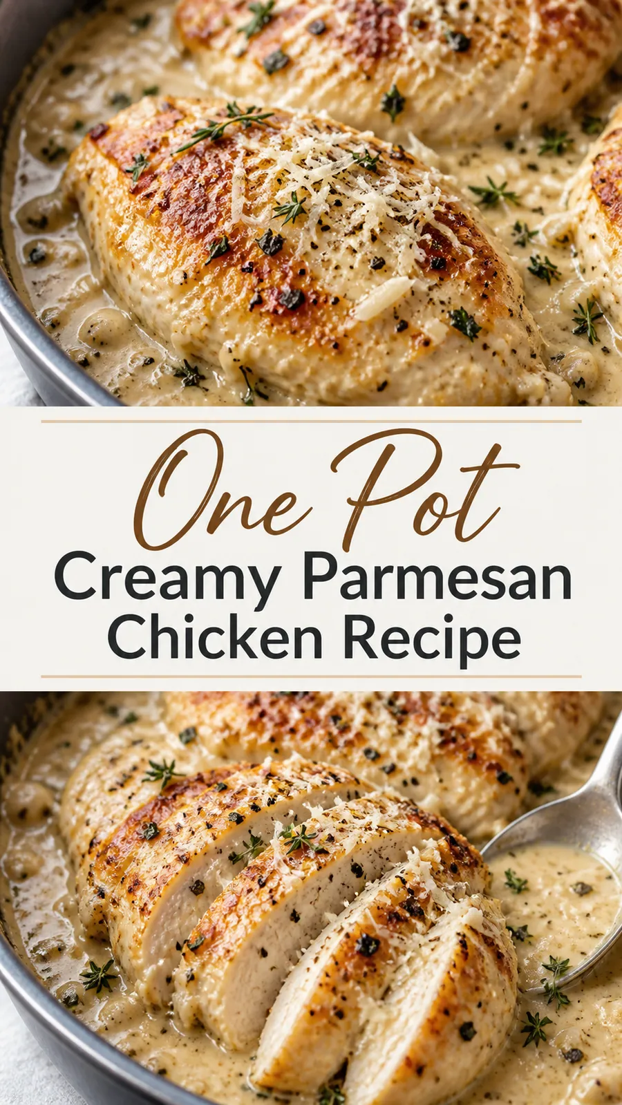 Pinterest image for One Pot Creamy Parmesan Chicken Recipe, with two photos of the recipe