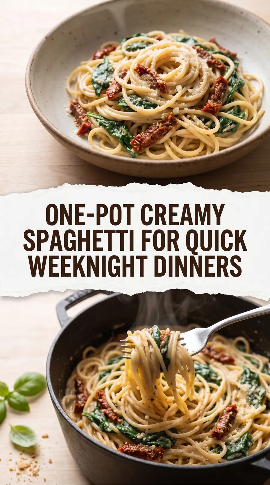 Pinterest image for One Pot Creamy Spaghetti For Quick Weeknight Dinners, with two photos of the recipe