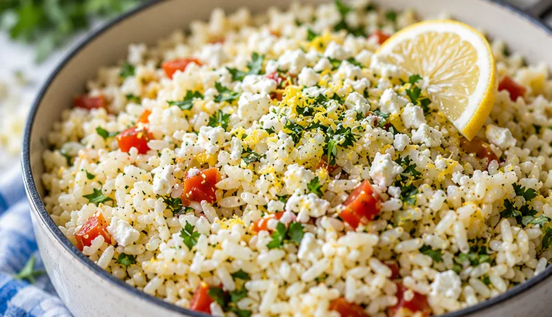 One-Pot Greek Rice Pilaf with Feta, ready to serve