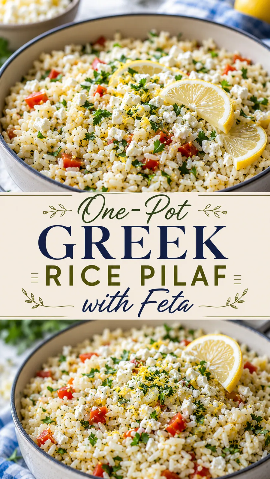 Pinterest image for One Pot Greek Rice Pilaf With Feta, with two photos of the recipe