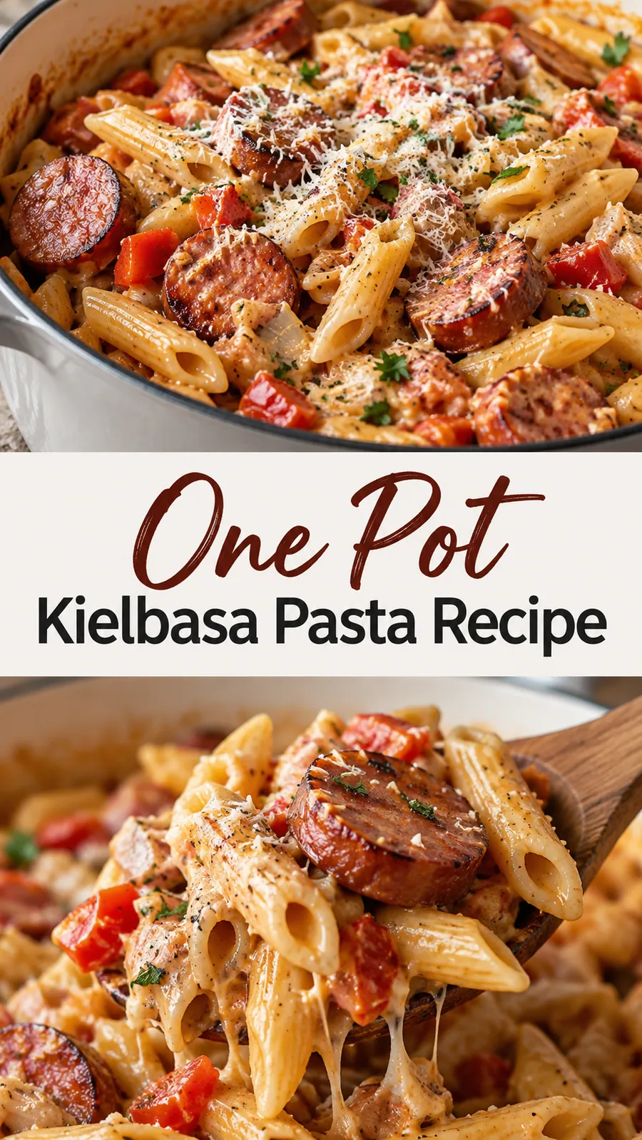 Pinterest image for One Pot Kielbasa Pasta Recipe, with two photos of the recipe
