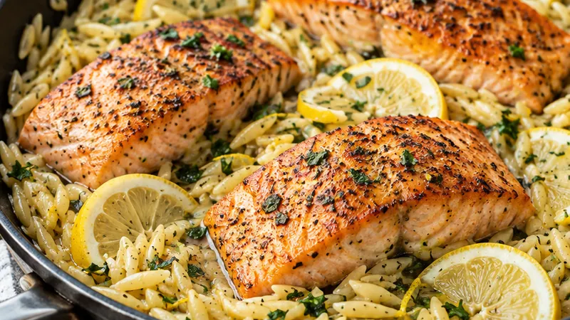 One Skillet Salmon with Lemon Orzo