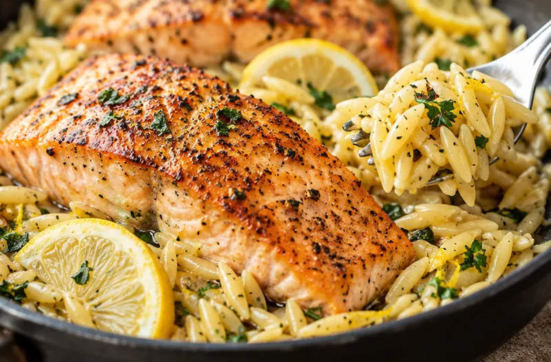 One Skillet Salmon with Lemon Orzo, ready to serve