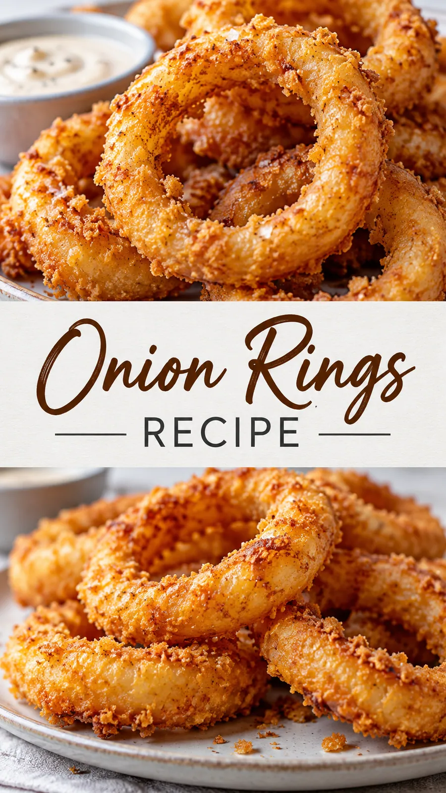 Pinterest image for Onion Rings Recipe, with two photos of the recipe