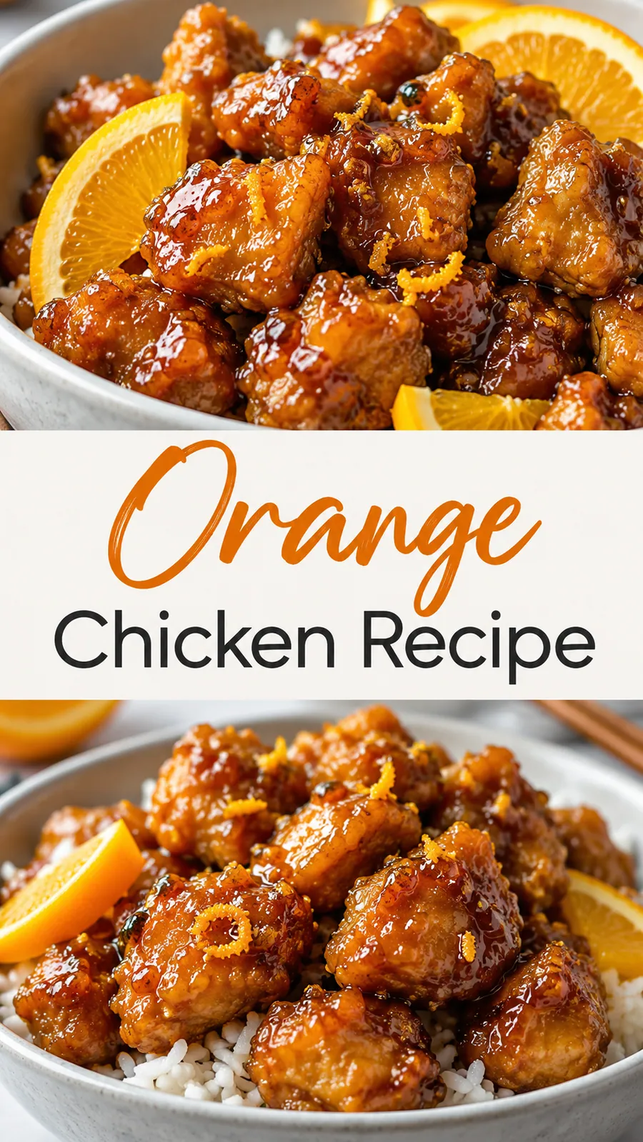 Pinterest image for Orange Chicken Recipe, with two photos of the recipe