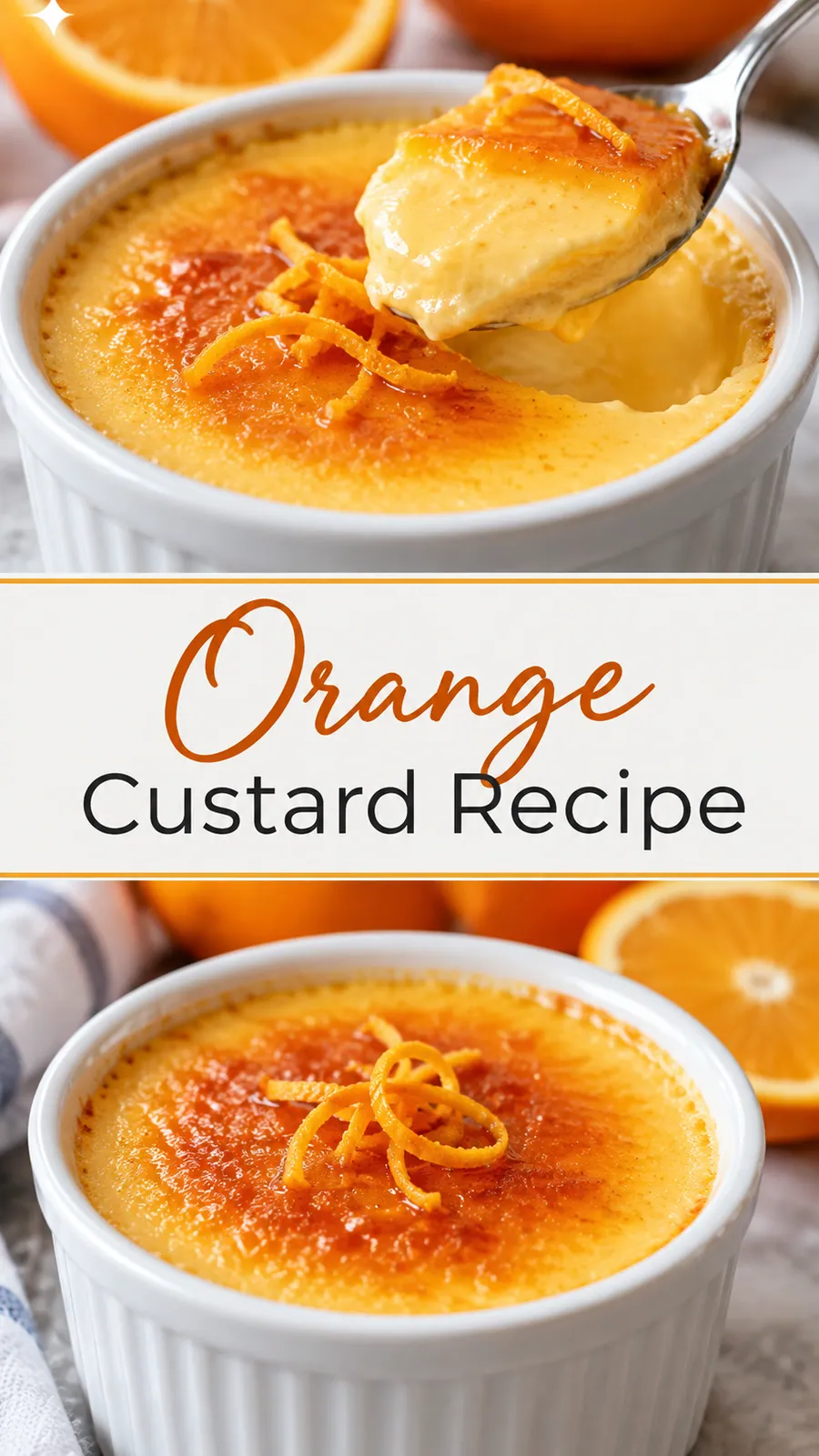 Pinterest image for Orange Custard Recipe, with two photos of the recipe