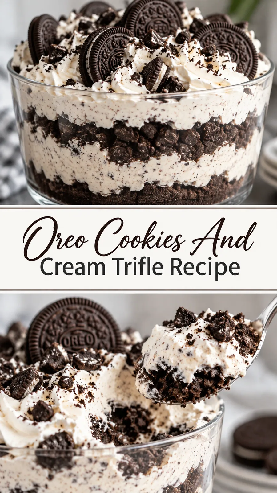 Pinterest image for Oreo Cookies And Cream Trifle Recipe, with two photos of the recipe