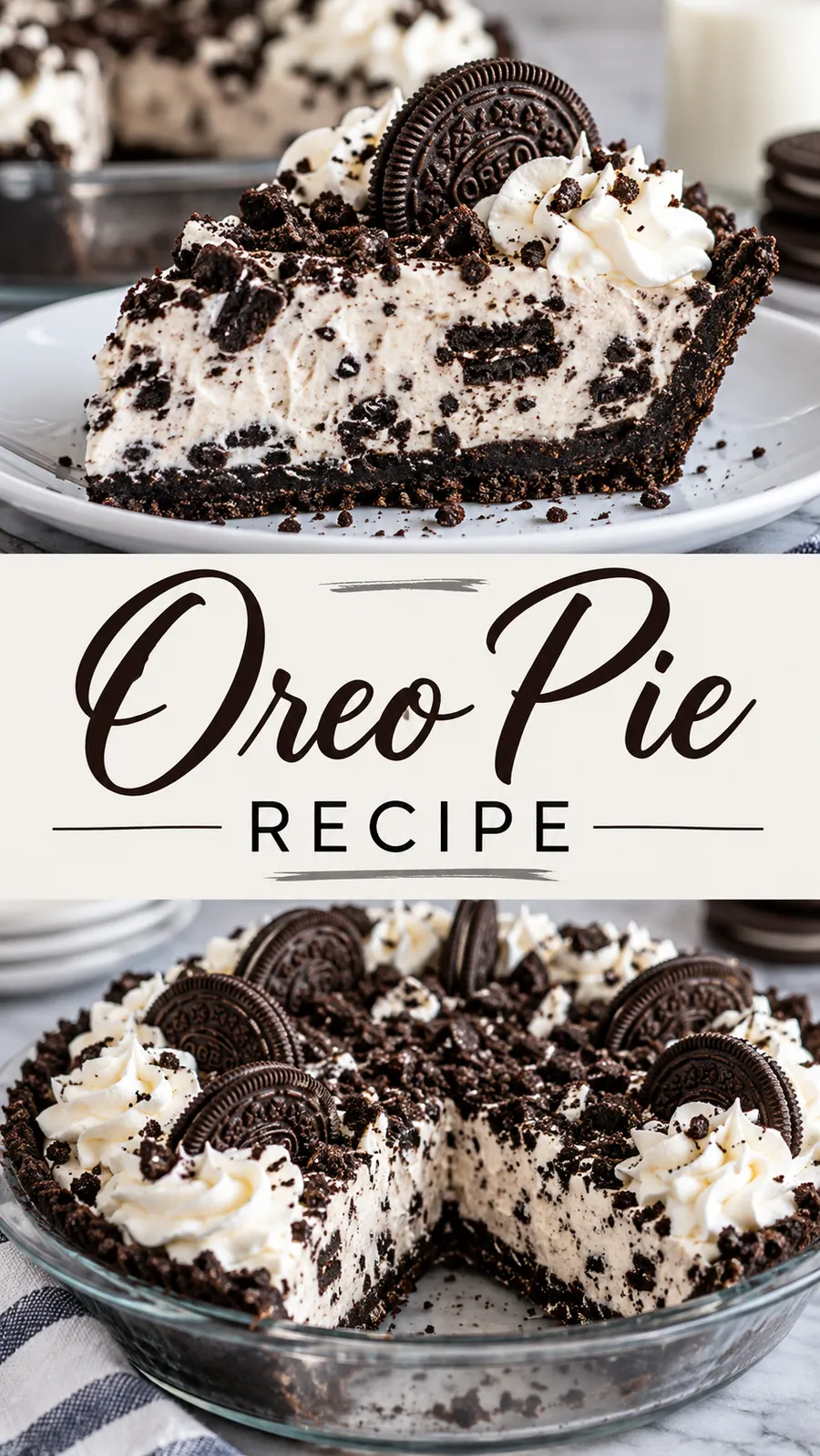 Pinterest image for Oreo Pie Recipe, with two photos of the recipe