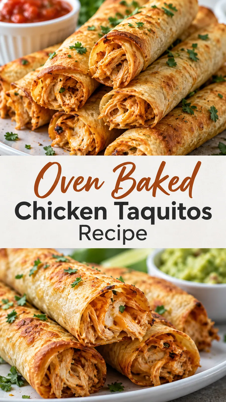 Pinterest image for Oven Baked Chicken Taquitos Recipe, with two photos of the recipe
