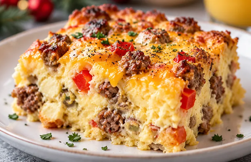 Overnight Christmas Breakfast Casserole, ready to serve