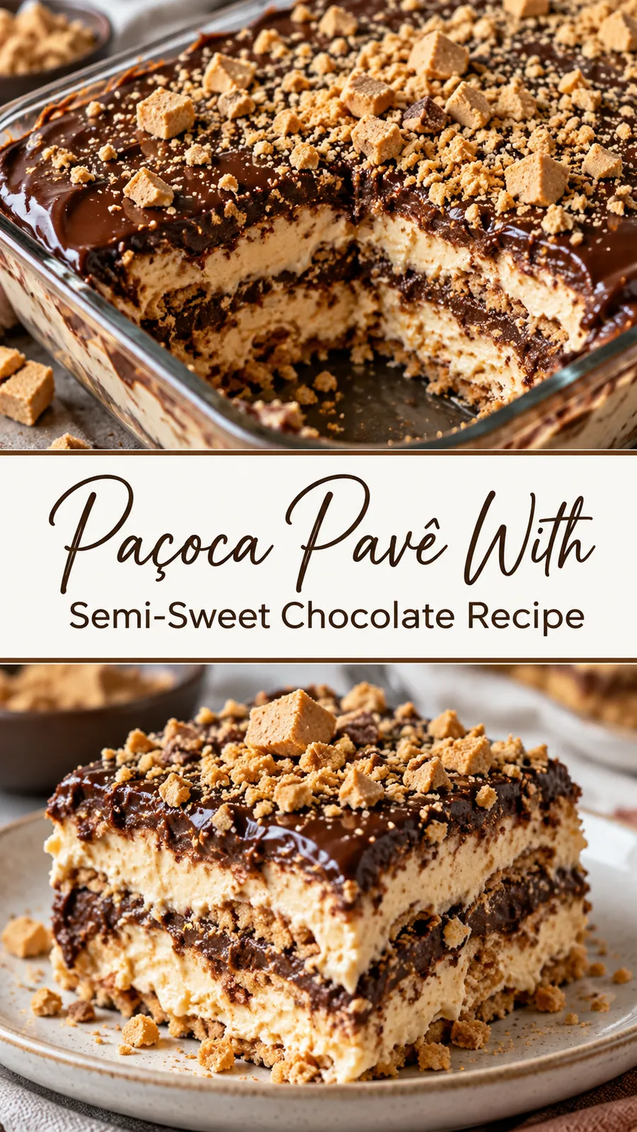 Pinterest image for Paçoca Pavé with Semi-Sweet Chocolate Recipe, with two photos of the recipe