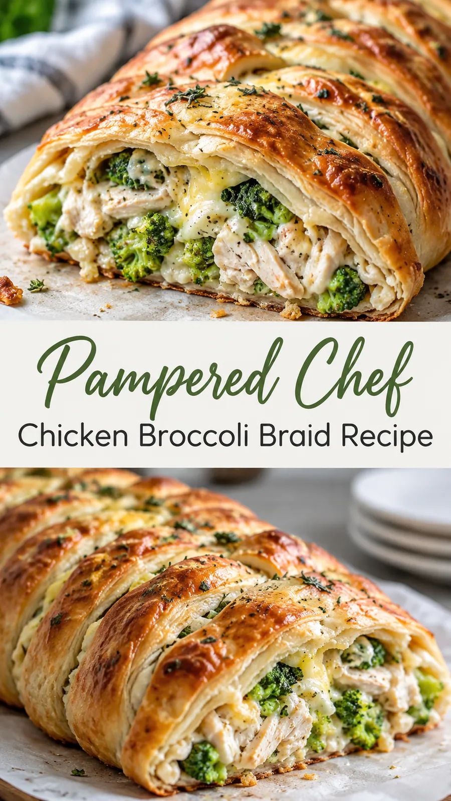 Pinterest image for Pampered Chef Chicken Broccoli Braid Recipe, with two photos of the recipe