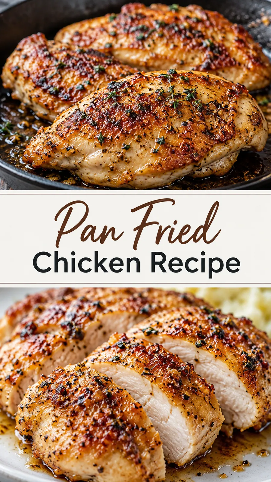 Pinterest image for Pan Fried Chicken Recipe, with two photos of the recipe