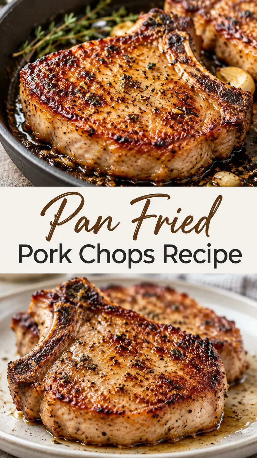 Pinterest image for Pan Fried Pork Chops Recipe, with two photos of the recipe