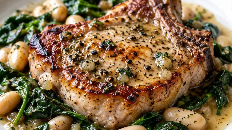 Pan Fried Pork Chops with White Wine Sauce, Spinach and Beans