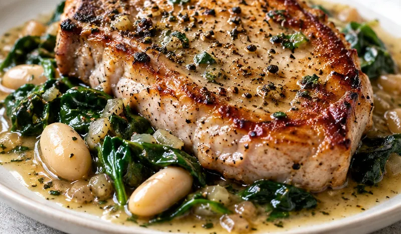 Pan Fried Pork Chops with White Wine Sauce, Spinach and Beans, ready to serve