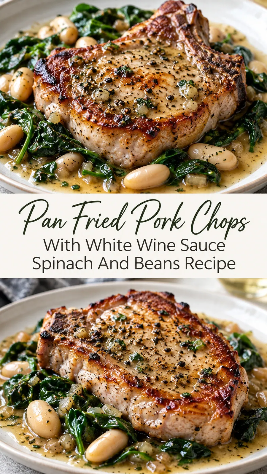 Pinterest image for Pan Fried Pork Chops With White Wine Sauce Spinach And Beans Recipe, with two photos of the recipe
