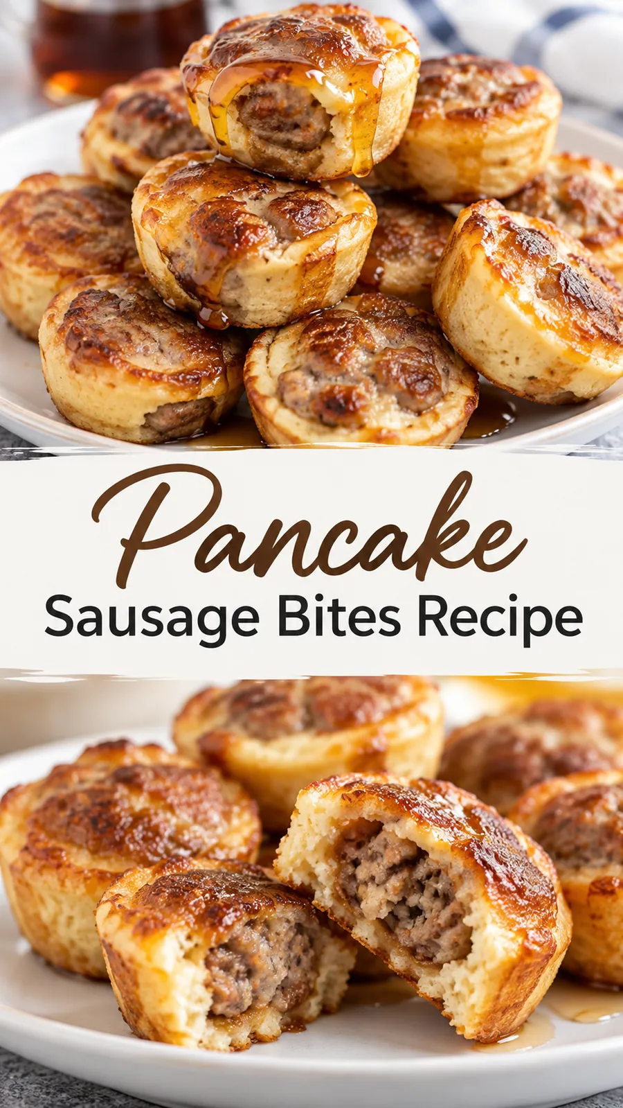 Pinterest image for Pancake Sausage Bites Recipe, with two photos of the recipe