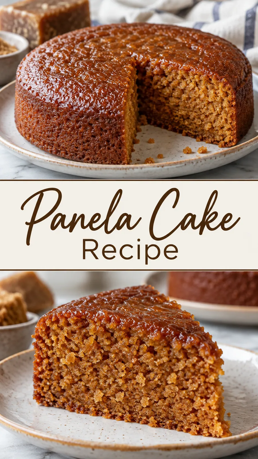 Pinterest image for Panela Cake Recipe, with two photos of the recipe