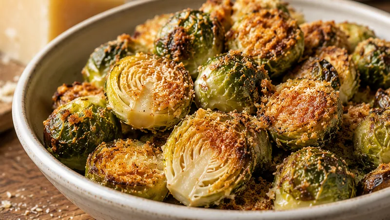 Parmesan Crusted Brussels Sprouts, ready to serve