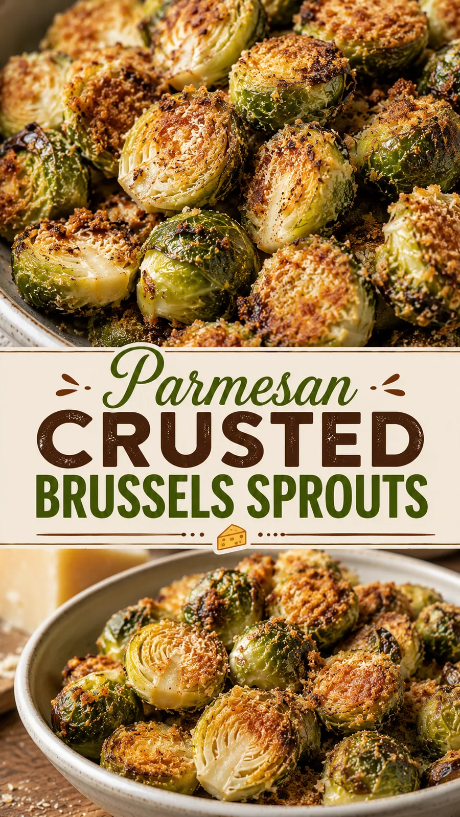 Pinterest image for Parmesan Crusted Brussels Sprouts, with two photos of the recipe