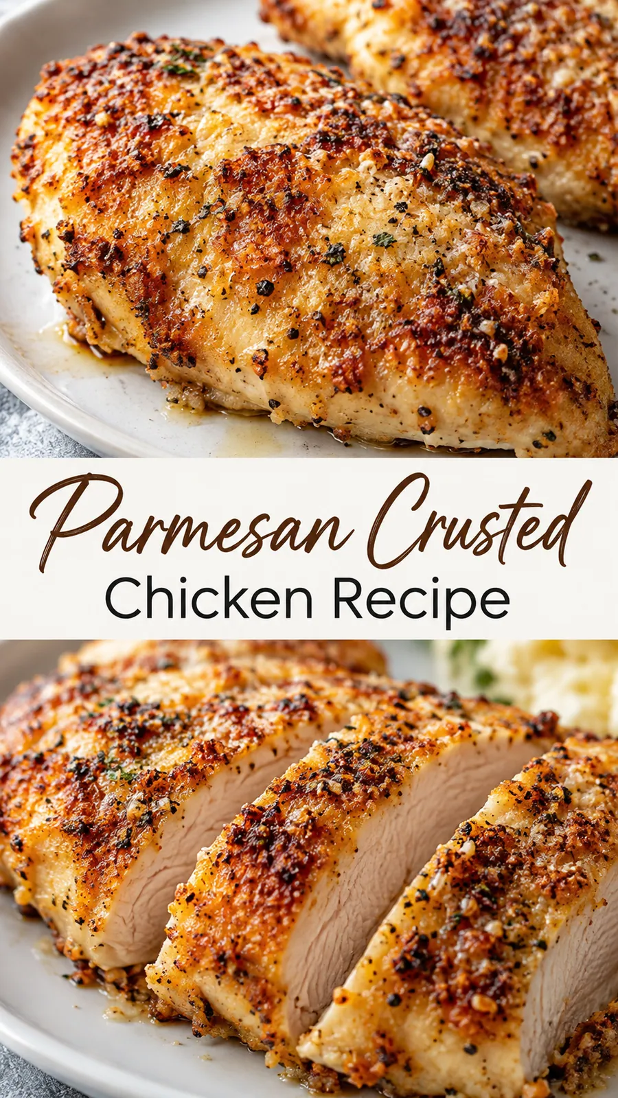 Pinterest image for Parmesan Crusted Chicken Recipe, with two photos of the recipe