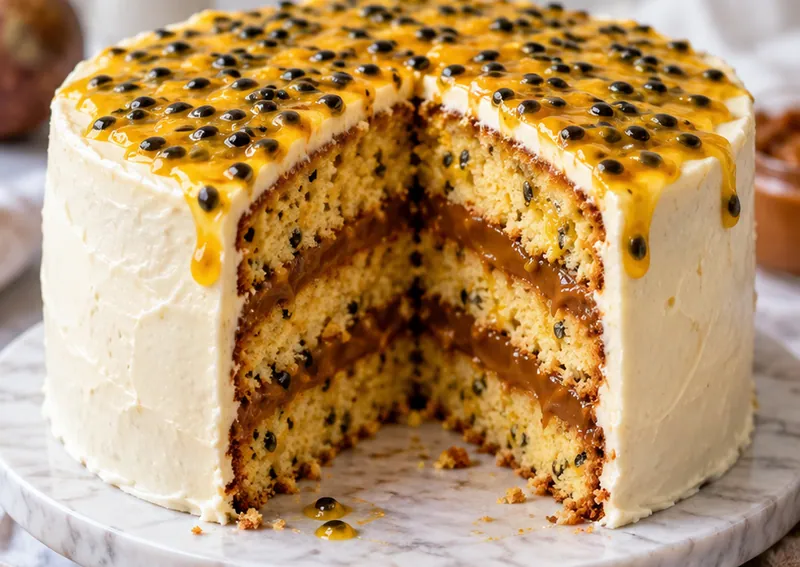 Passion Fruit Cake with Dulce de Leche, ready to serve