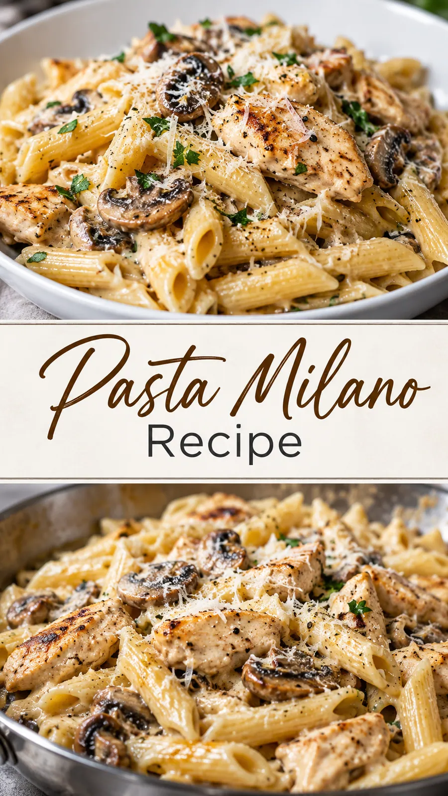 Pinterest image for Pasta Milano Recipe, with two photos of the recipe