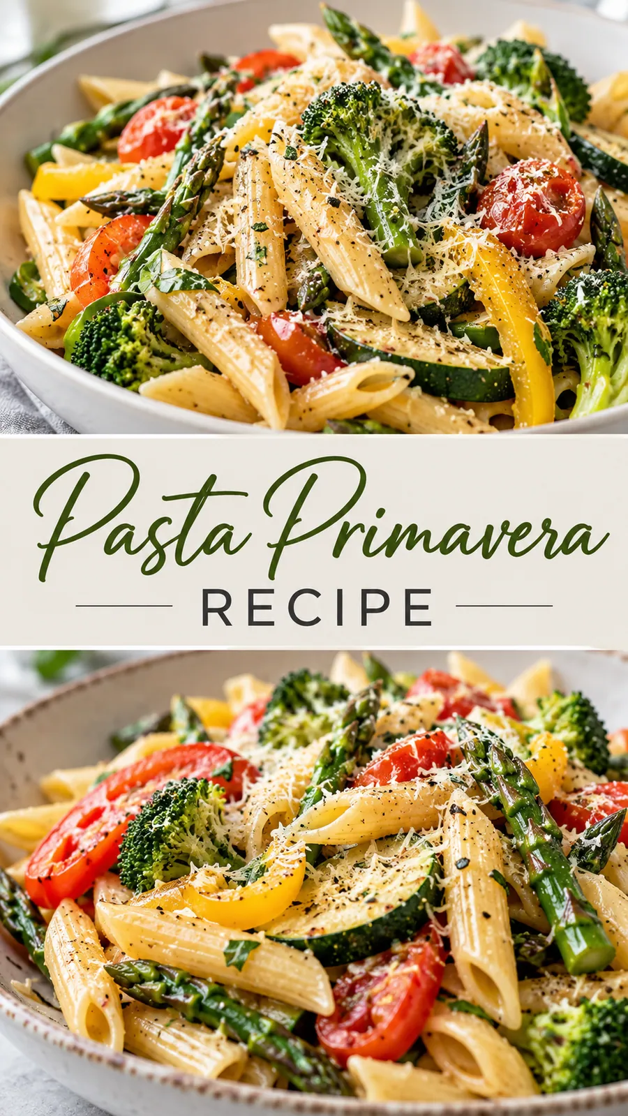 Pinterest image for Pasta Primavera Recipe, with two photos of the recipe