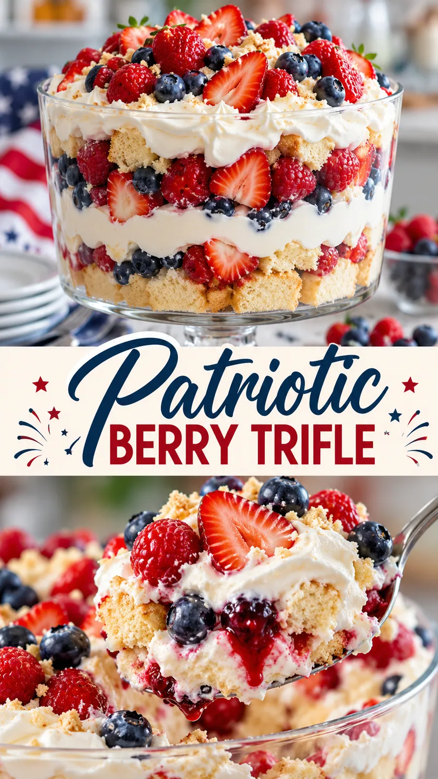 Pinterest image for Patriotic Berry Trifle, with two photos of the recipe