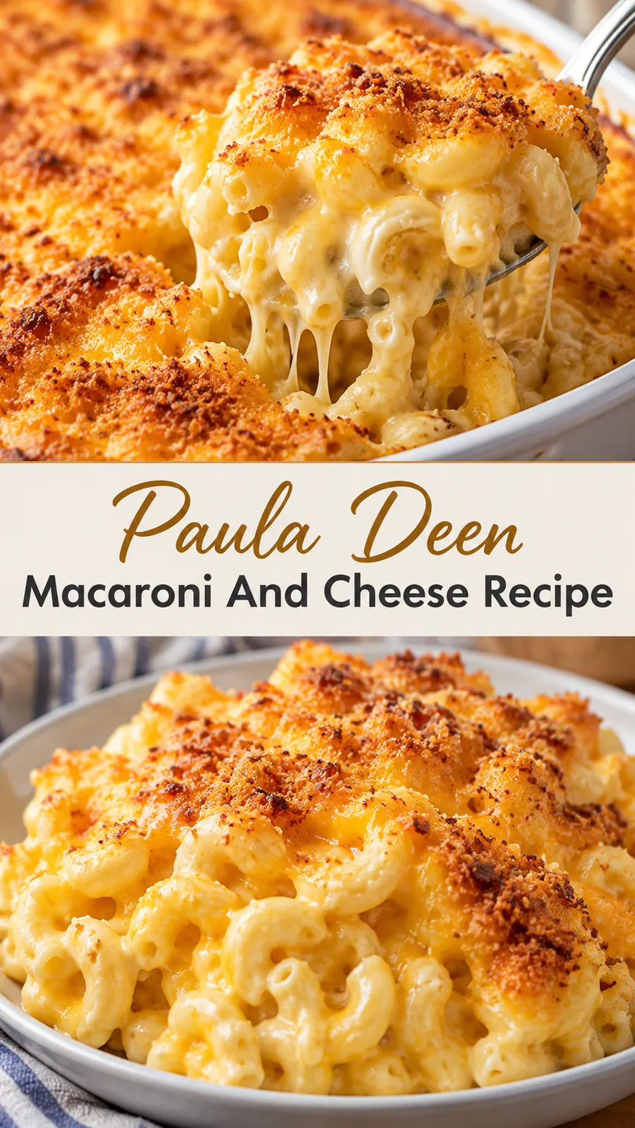 Pinterest image for Paula Deen Macaroni And Cheese Recipe, with two photos of the recipe
