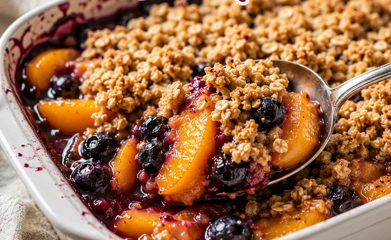 Peach Blueberry Crisp, ready to serve