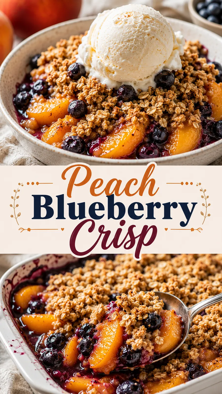 Pinterest image for Peach Blueberry Crisp, with two photos of the recipe