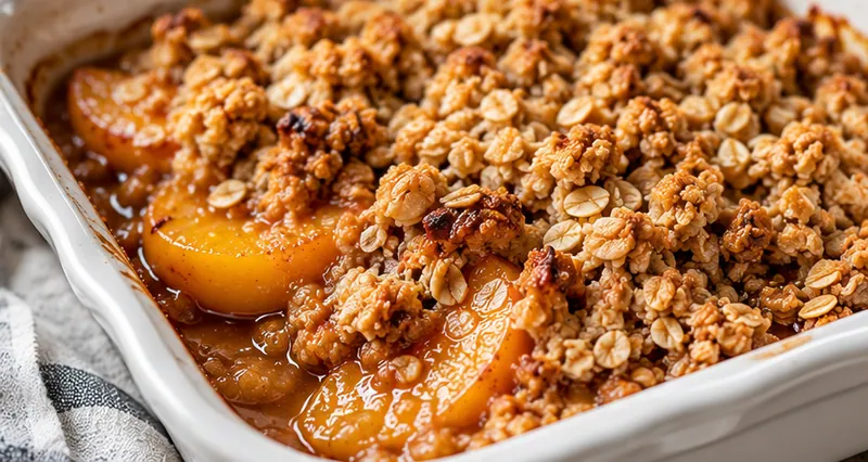 Peach Crisp with Brown Butter Oat Topping, ready to serve