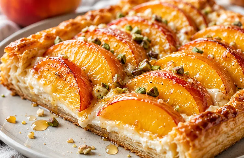 Peach Mascarpone Puff Pastry Tart, ready to serve