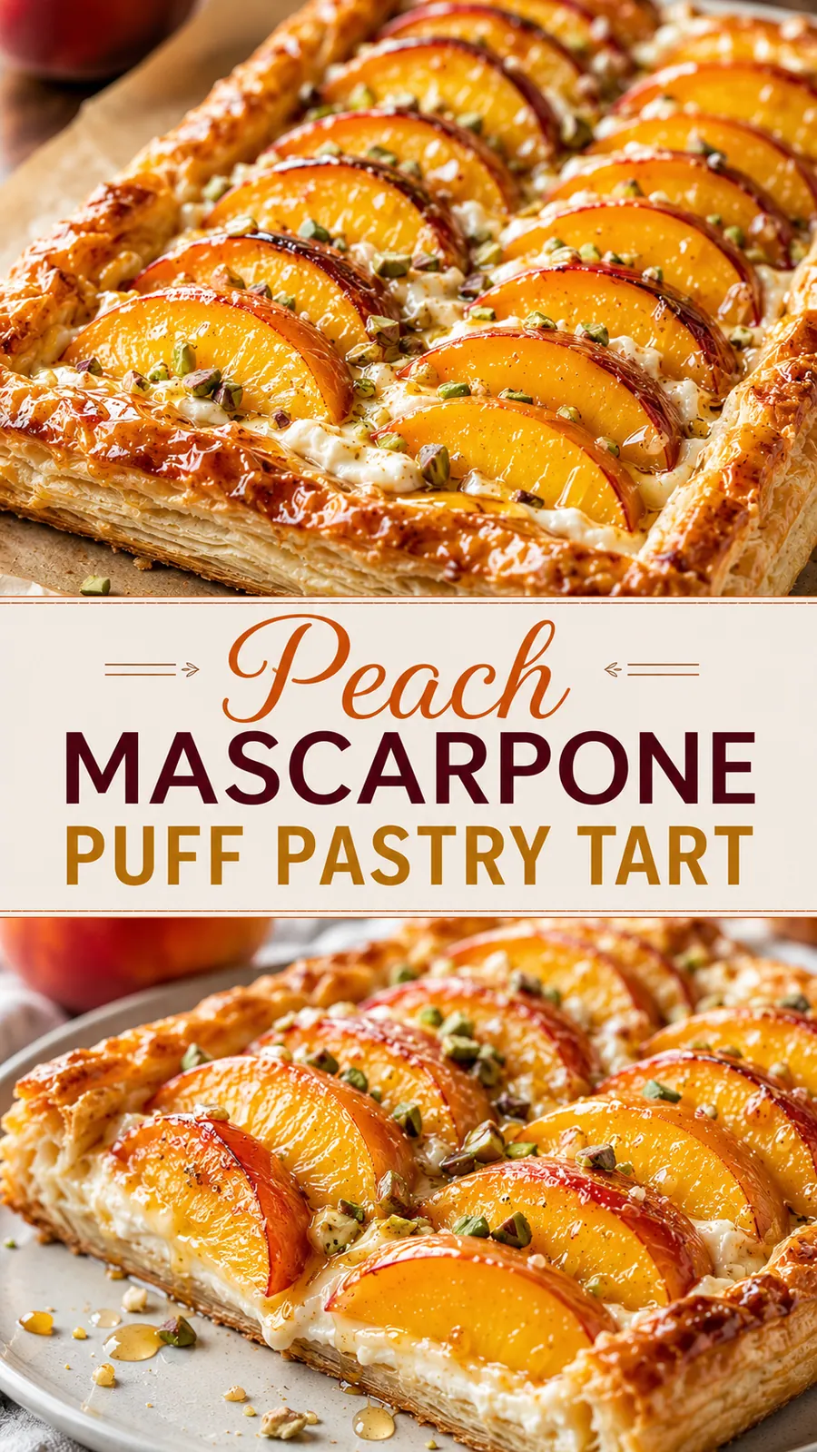 Pinterest image for Peach Mascarpone Puff Pastry Tart, with two photos of the recipe