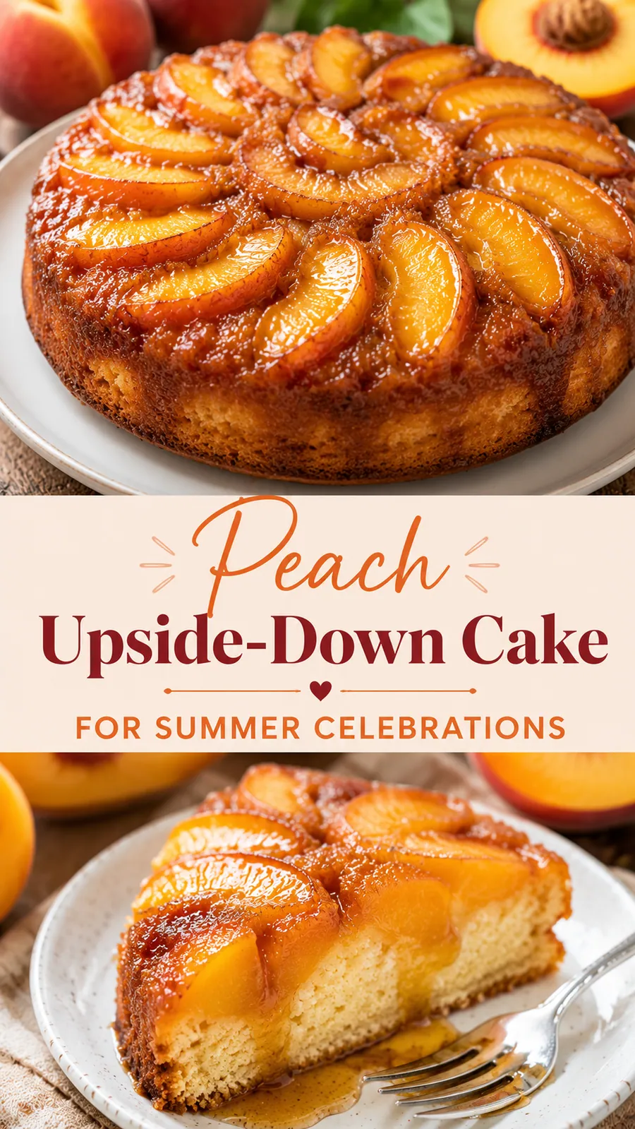 Pinterest image for Peach Upside Down Cake For Summer Celebrations, with two photos of the recipe