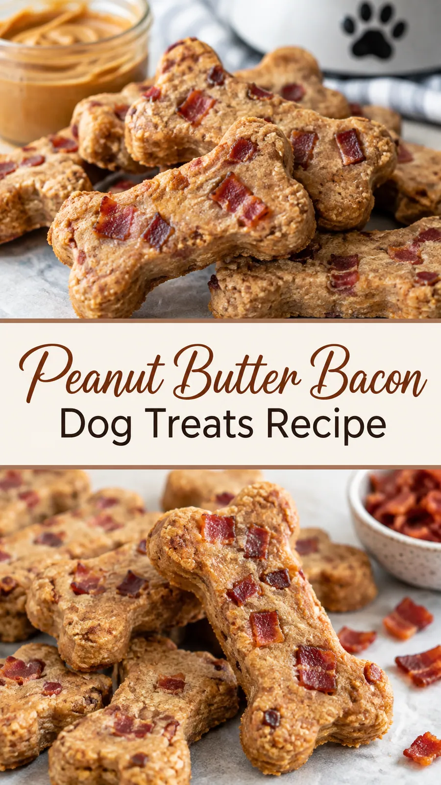Pinterest image for Peanut Butter Bacon Dog Treats Recipe, with two photos of the recipe