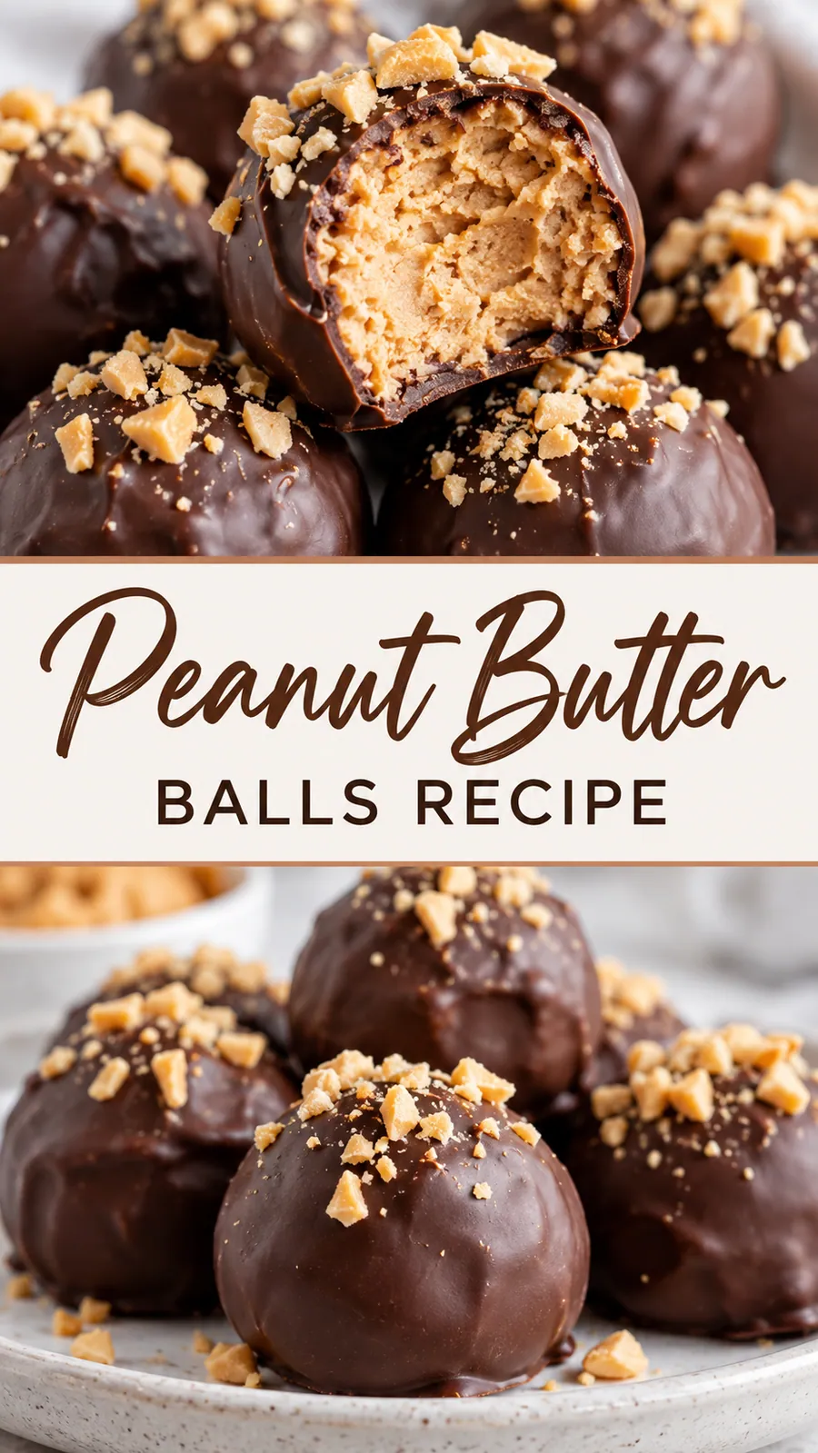 Pinterest image for Peanut Butter Balls Recipe, with two photos of the recipe