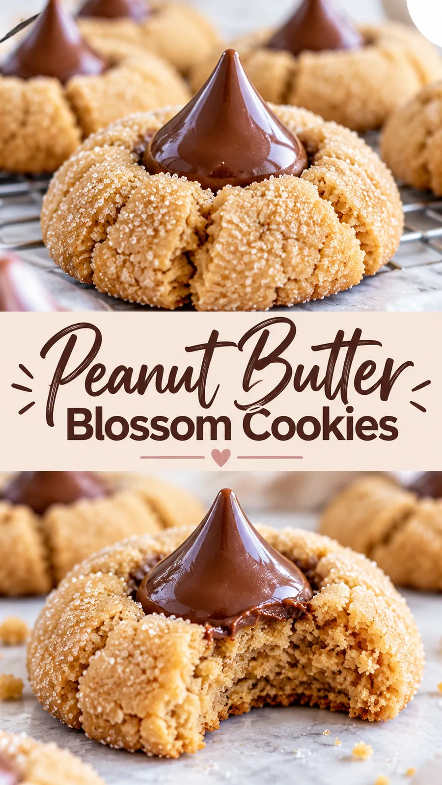 Pinterest image for Peanut Butter Blossom Cookies, with two photos of the recipe