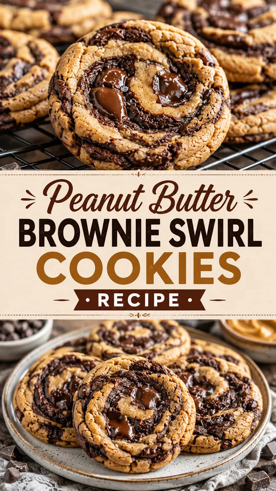 Pinterest image for Peanut Butter Brownie Swirl Cookies Recipe, with two photos of the recipe