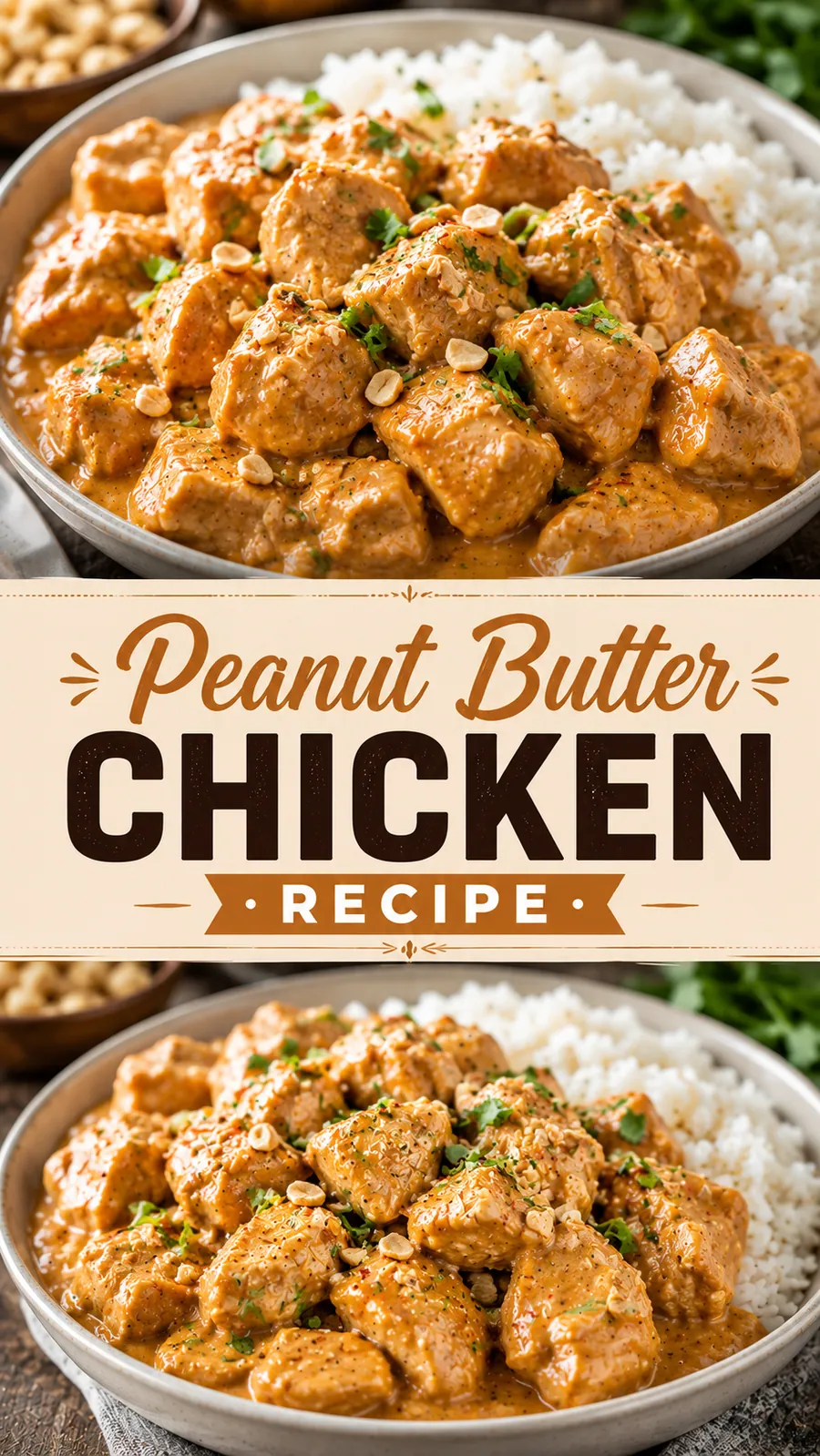 Pinterest image for Peanut Butter Chicken Recipe, with two photos of the recipe