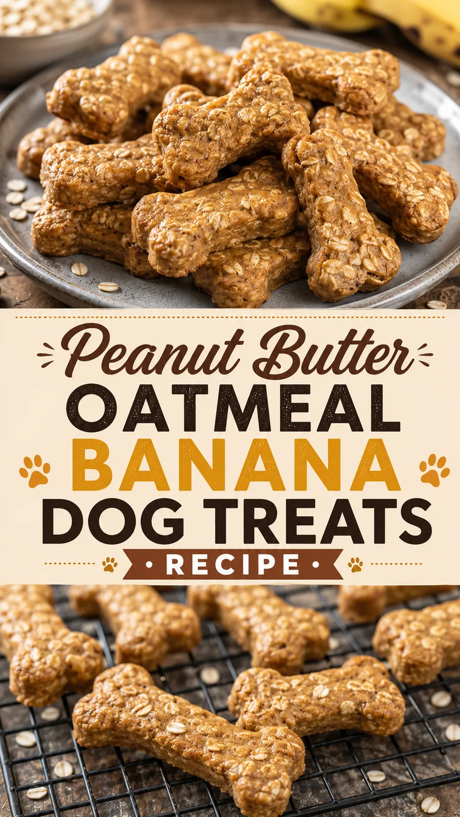 Pinterest image for Peanut Butter Oatmeal Banana Dog Treats Recipe, with two photos of the recipe